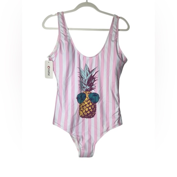 PATPAT  Womans Size XL Swimsuit One Piece Pineapple Pink Striped Padded Tropical - Picture 2 of 11